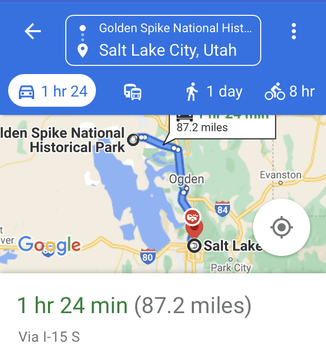 Map from Salt Lake City to Golden Spike National Historical Park