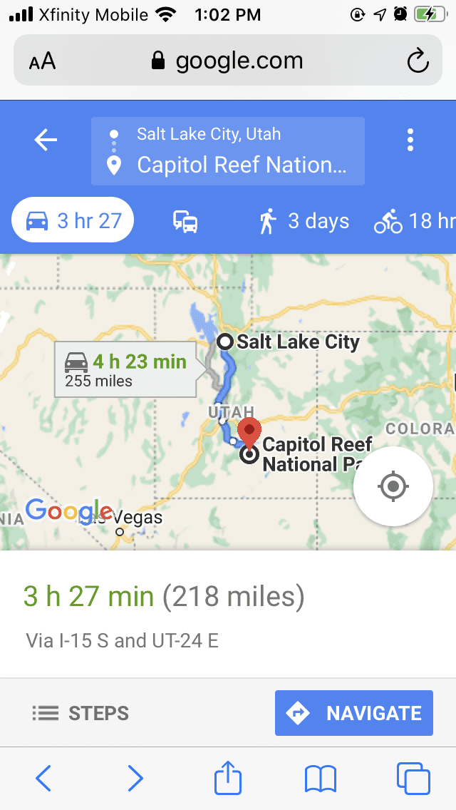 Directions from Salt Lake City to Capitol Reef National Park