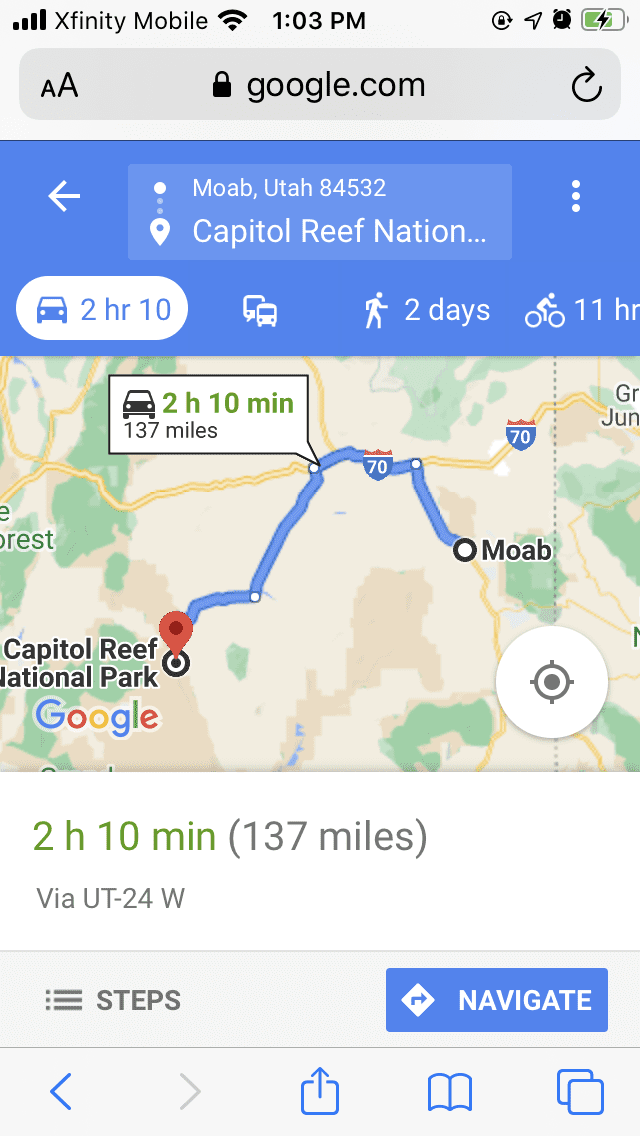 Directions from Moab to Capitol Reef National Park