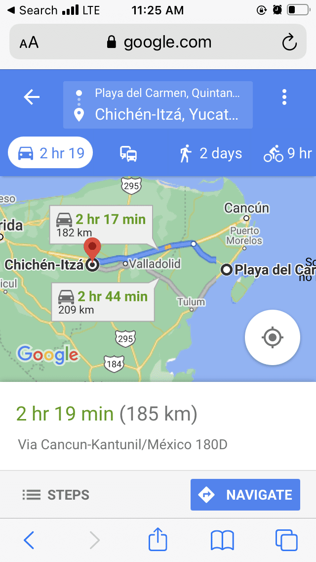 Playa del Carmen to Chichen Itza map