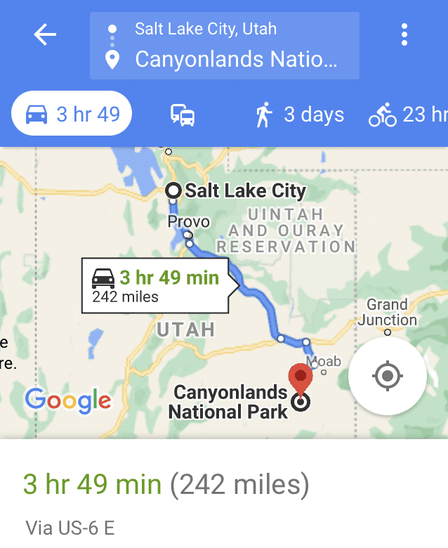 Map from Salt Lake City to Canyonlands National Park