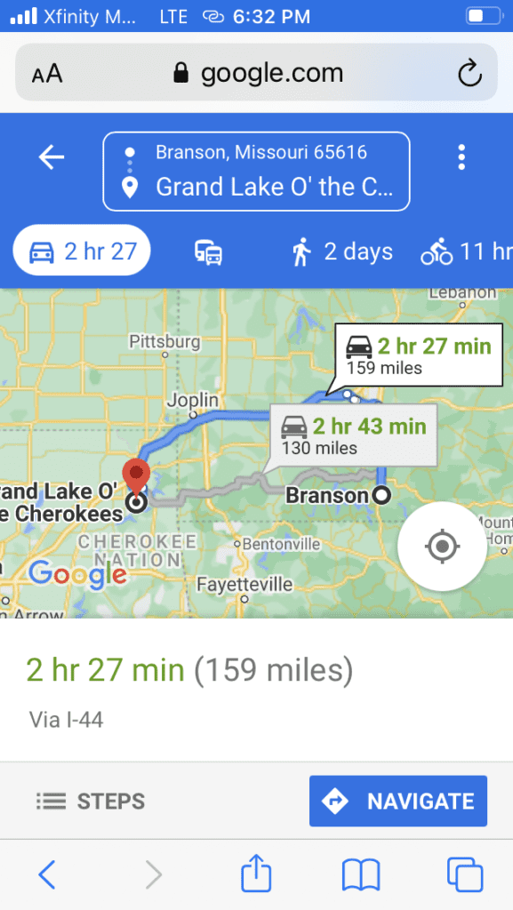 Map from Tulsa to Grand Lake O the Cherokee