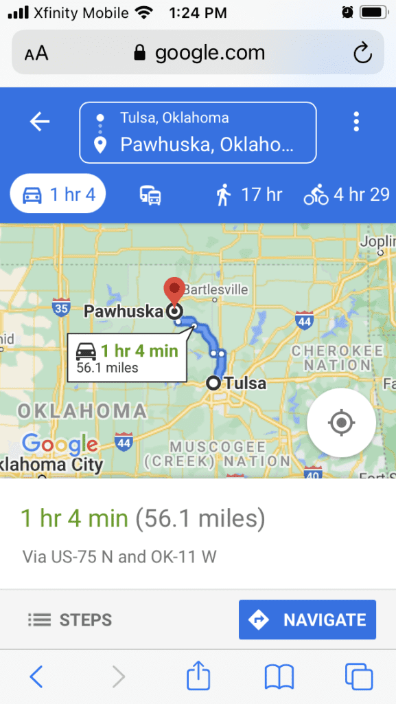 Tulsa to Pawhuska Oklahoma Map