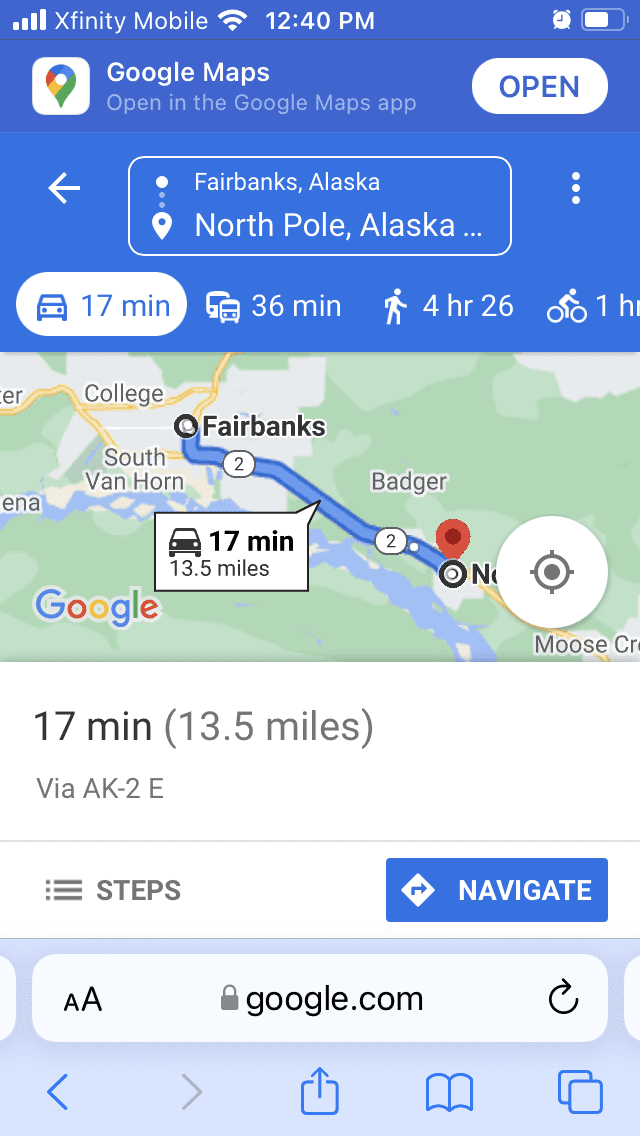 Directions from Fairbanks to North Pole Alaska Map