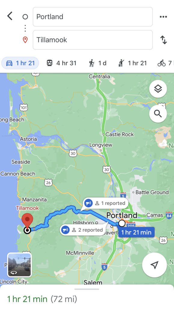 Portland to Tillamook Map