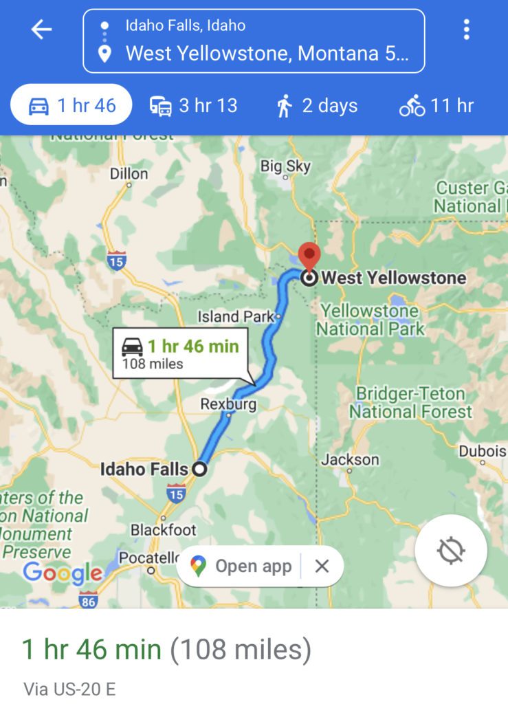 Distance Idaho Falls to West Yellowstone Map