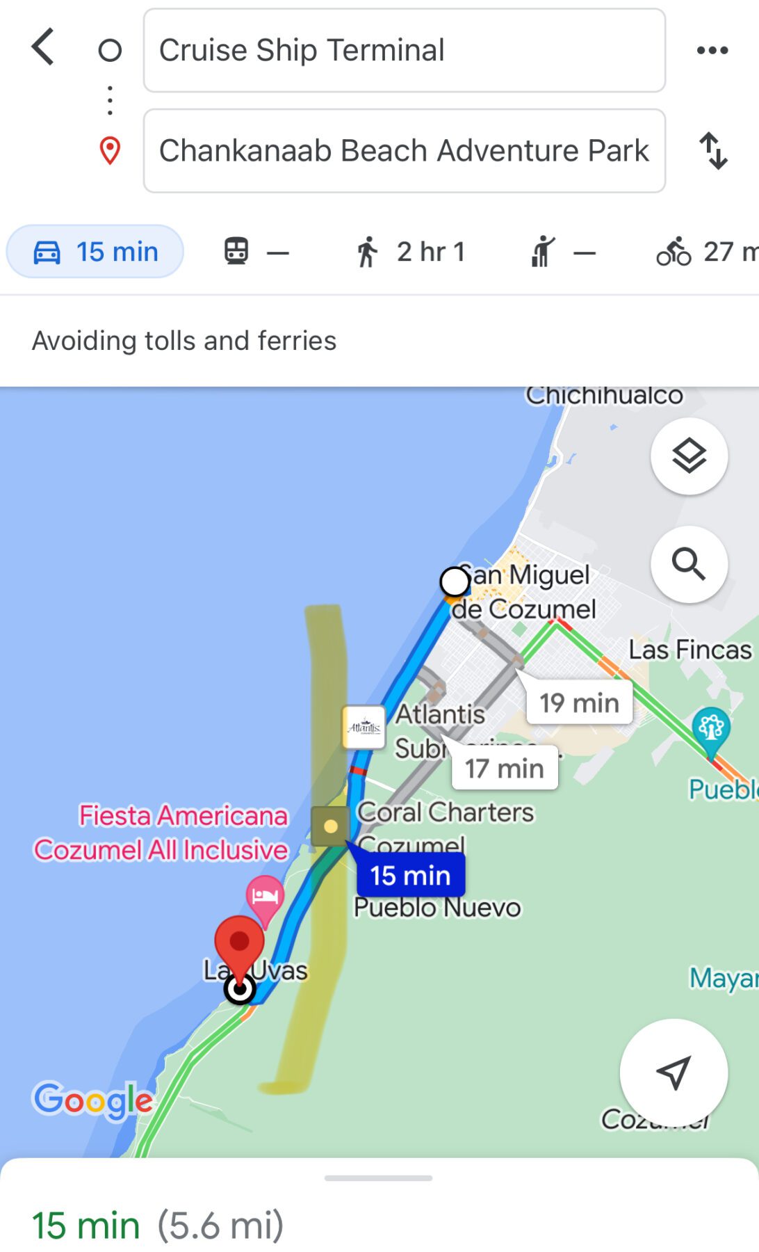 Map from Cruise Port to Chankanaab