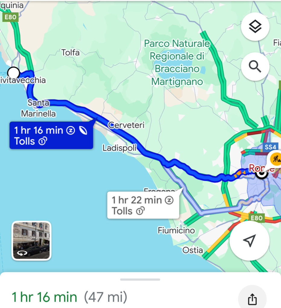 Rome to Port of Civitavecchia map