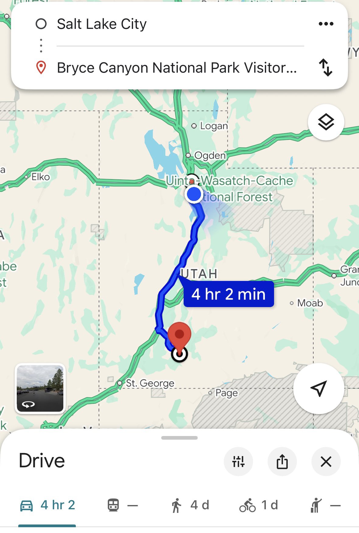 Map to Bryce Canyon from SLC