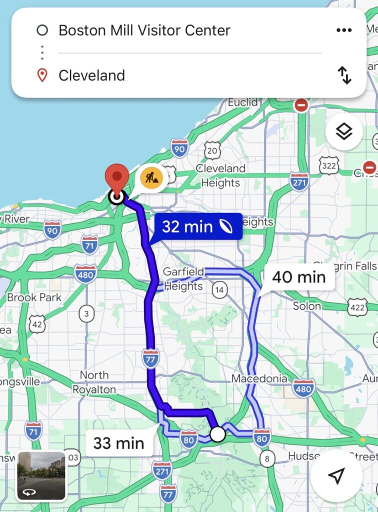 Map of Clevland to Cuyahoga Valley National Park