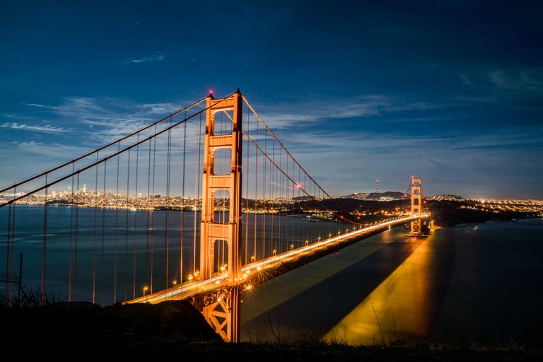 Stunning view of the illuminated Golden Gate Bridge at dusk against a vibrant cityscape.